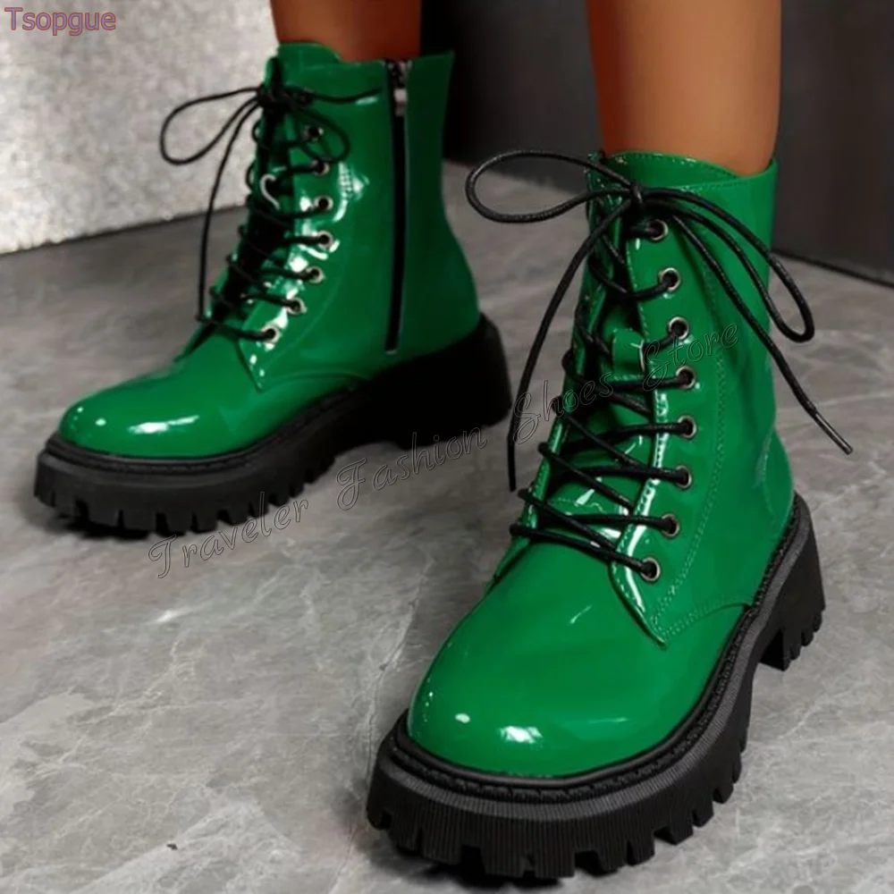 Botas verdes con cordones y cremallera lateral Para mujer, Zapatos de tacón alto de charol grueso, novedad de 2024