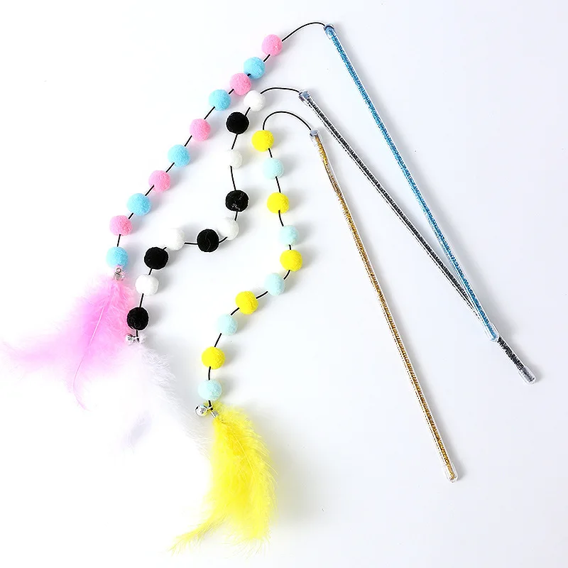 Cat Toys 1pcs Interactive Stick Feather Toys Kitten Teasing Durable Playing Plush Ball Pet Supplies Feather cat teasing stick