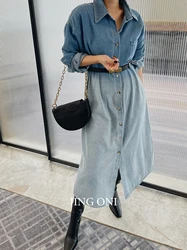 Abito in Denim manica lunga Y2k abbigliamento donna moda 2023 Vintage stile coreano elegante abito da festa gradiente Maxi Oversize