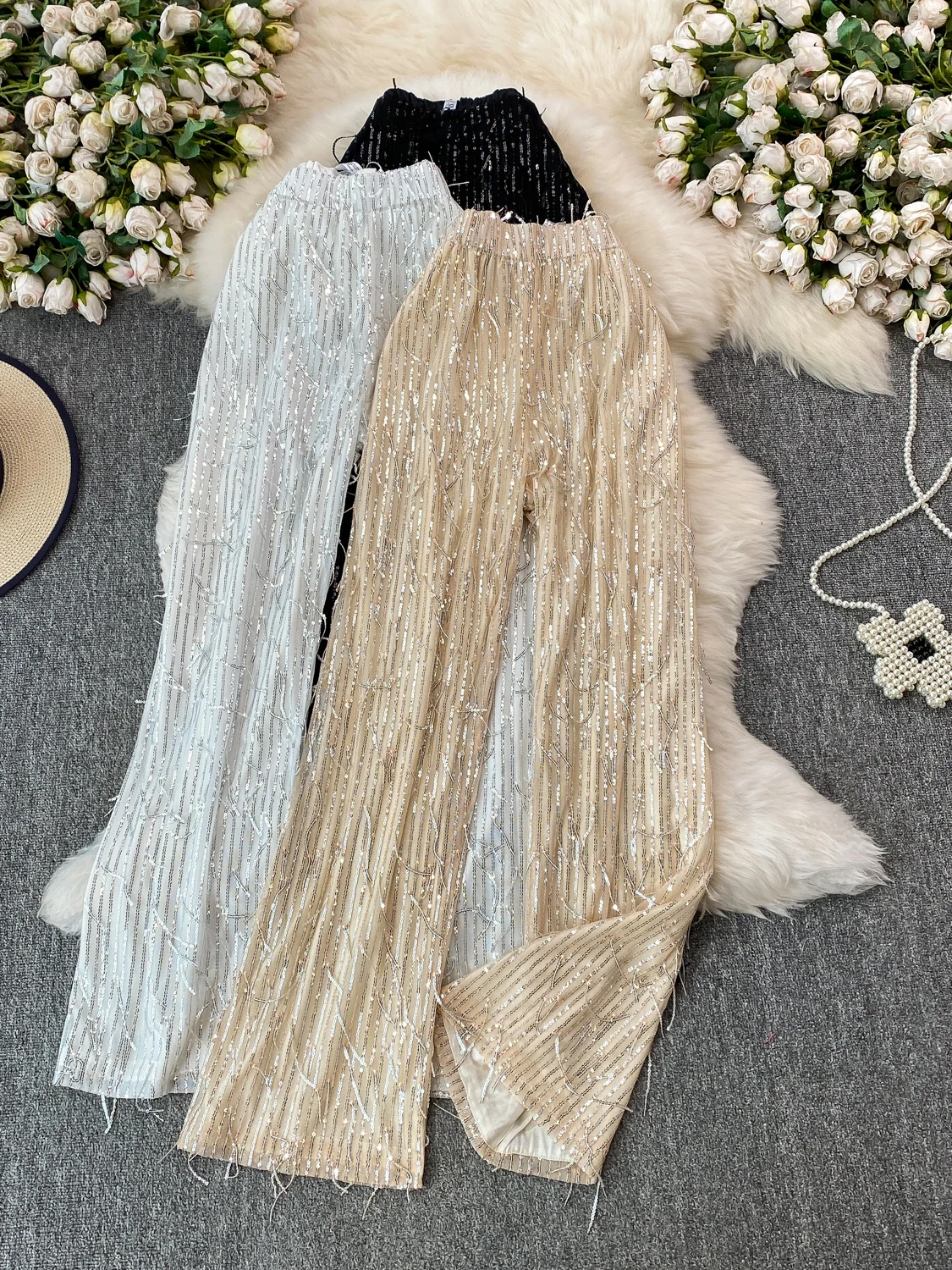 Fashionable Sequin Fringe Wide Leg Pants Women Summer Trend Loose Slim Straight Performance High Waist Elastic Waistband