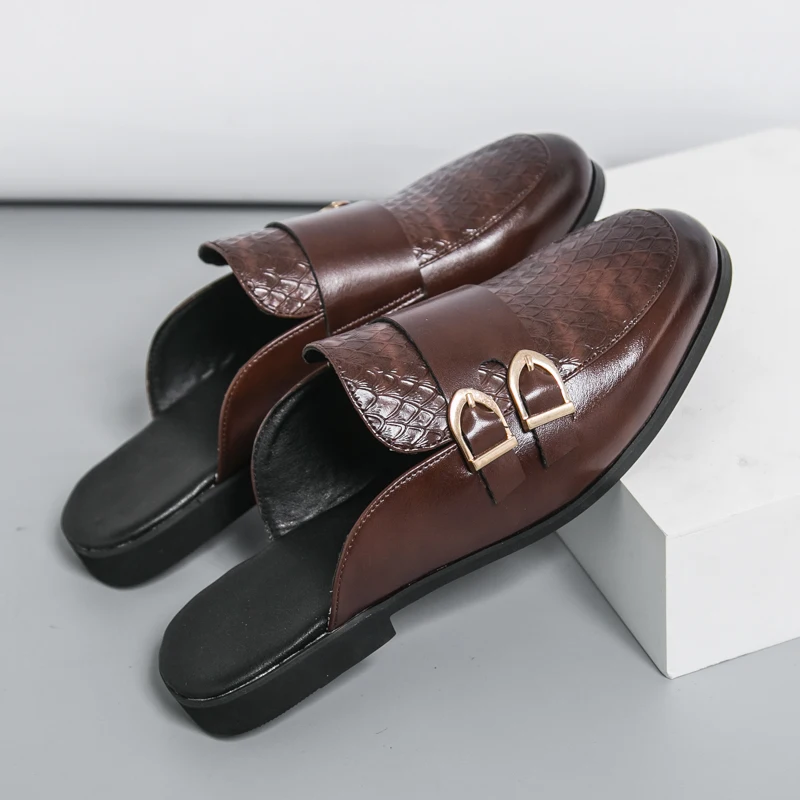 Summer Luxury Slippers Men Casual Mules Shoes Big Size 46 Slip-on Fashion Platform Half Loafers Men Lightweight Leather Sandals