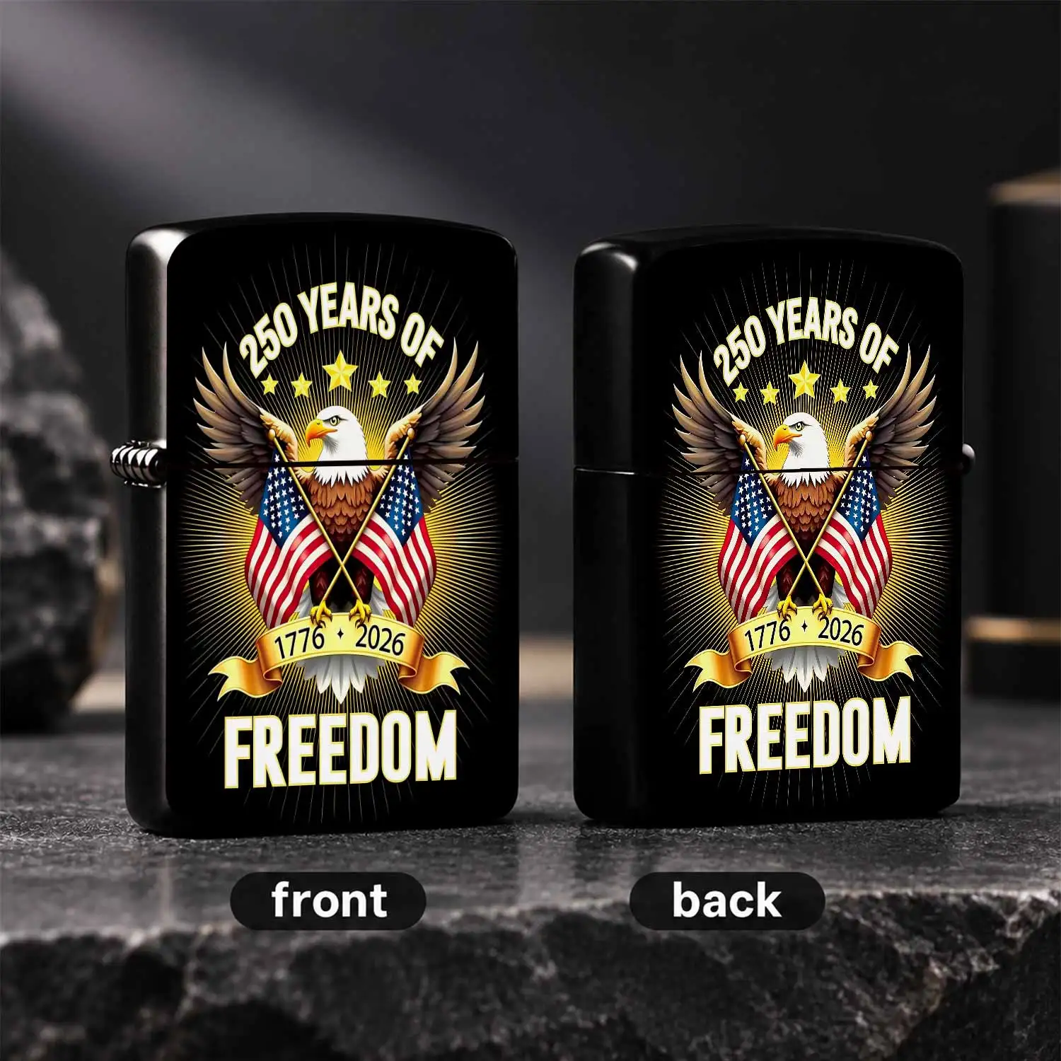 250 Years Of Freedom 1776-2026 Themed Lighter, Exquisite Bald Crossed Us Flag Pattern, Golden Radian Decoration Design, Portable Practical Lighter For Daily Use, Outdoor Camping, Party Gathering, Ideal Patriotic Commem A Humorous And Intere