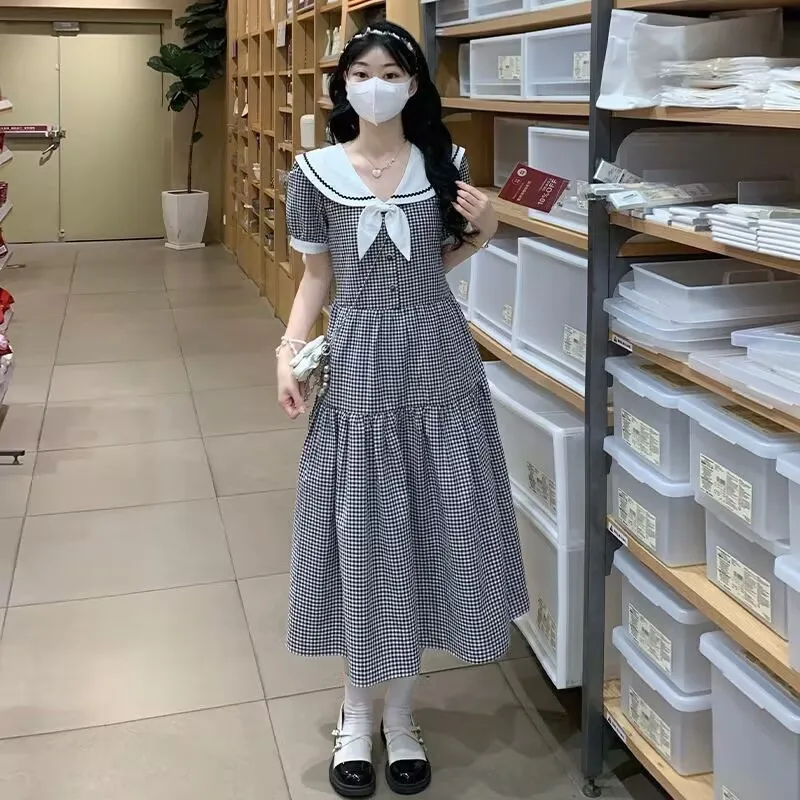 かわいいガールドレスルーズプラスサイズ学生カレッジスタイルガール甘いネイビーカラーオーバーニードレス夏の新しい Y2k ドレス