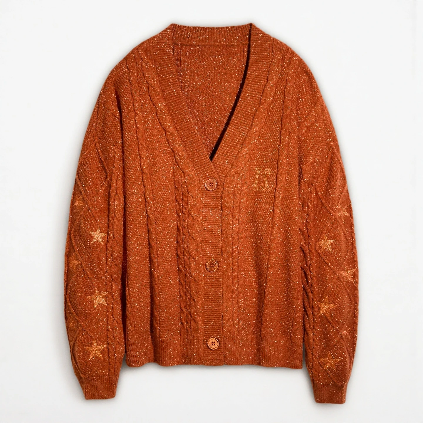 Winter Women Glittery Chunky Star Embroidery Orange Knit Cardigans Spring Woman Y2k Gold Thread Show-girl Cardigans