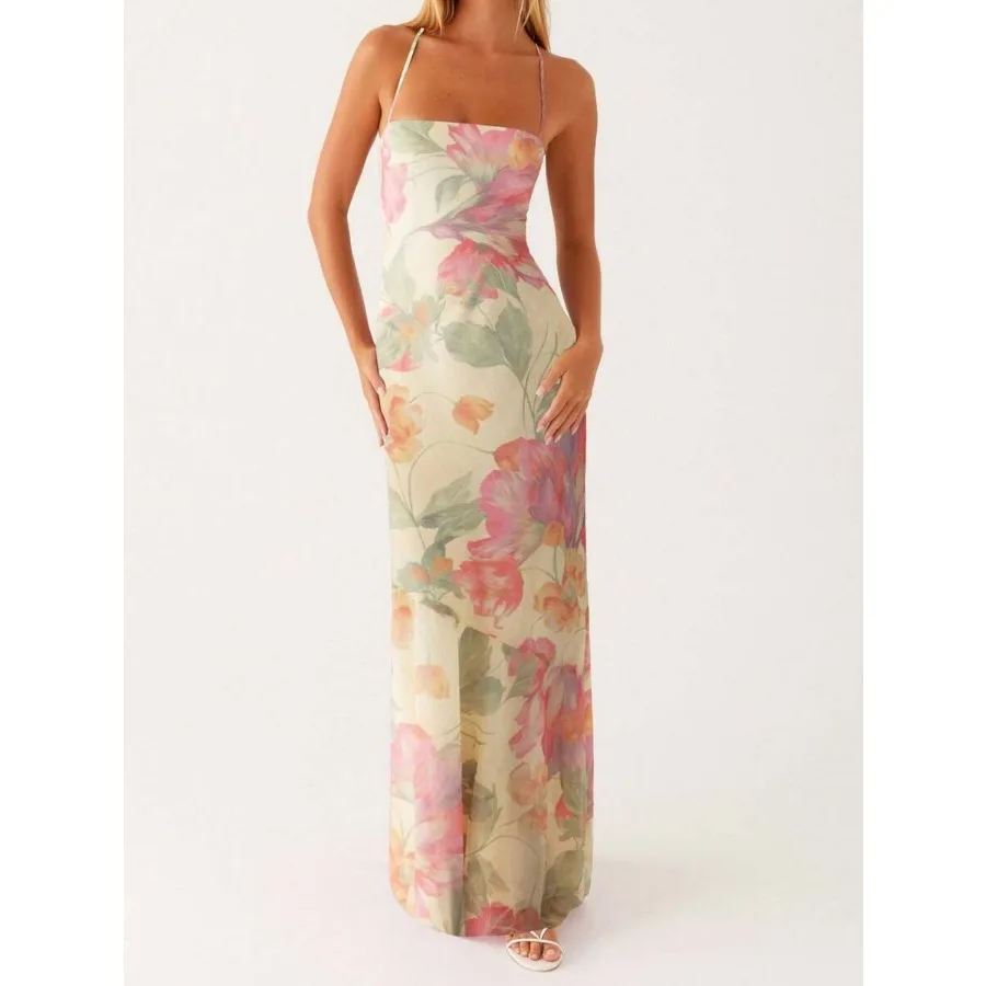 

【New style】Women's Y2K Summer Maxi Dress Floral Print Sleeveless Cami Long Dress Tie-Up Backless Fashion Spaghetti Strap Dress