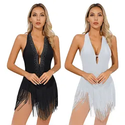 Womens Rhinestone Tassel Latin Jazz Dance Leotard Deep V Neck Fringed Bodysuit Tango Cha-Cha Samba Dancewear Performance Costume