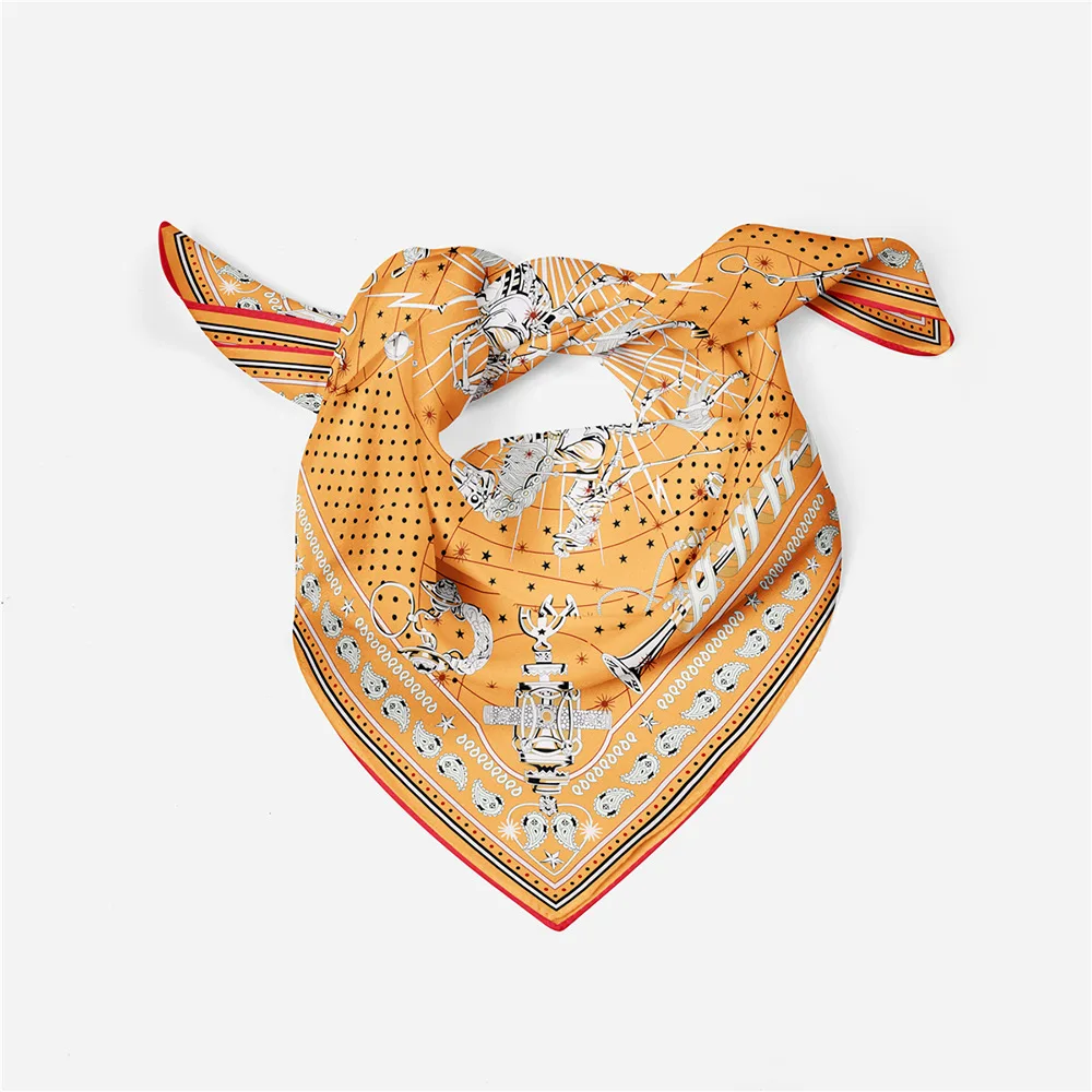 53CM Twill Silk Scarf Woman Geometric Painting Square Scarves Wraps Bandana Small Hijab Silk Foulards Tie Headband Neckerchief