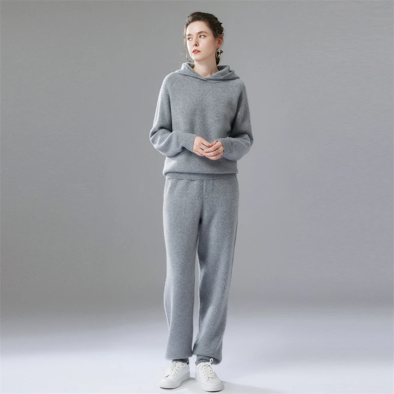 

Женский 100% кашемировый свитер, брюки, костюм, пуловер с капюшоном, брюки-карандаш, кашемировый вязаный костюм, осенне-зимний повседневный теплый топ, брюки