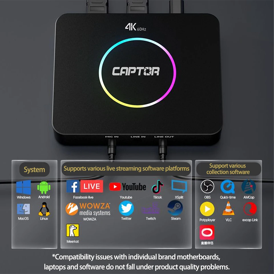 CAPTOR S-VC16Pro+ 4K60Hz HD 캡처 카드 VRR RGB HDR HDMI2.0 240/120 FPS 고속 프레임 속도 저지연 게임 라이브 스트리밍