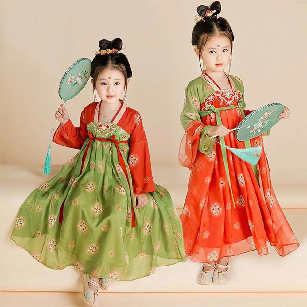 Chinese Hanfu Dress Girls Dunhuang Style Tang Dynasty Ancient Hanfu Dress Children Fairy Cosplay Green Red Dress for Girls