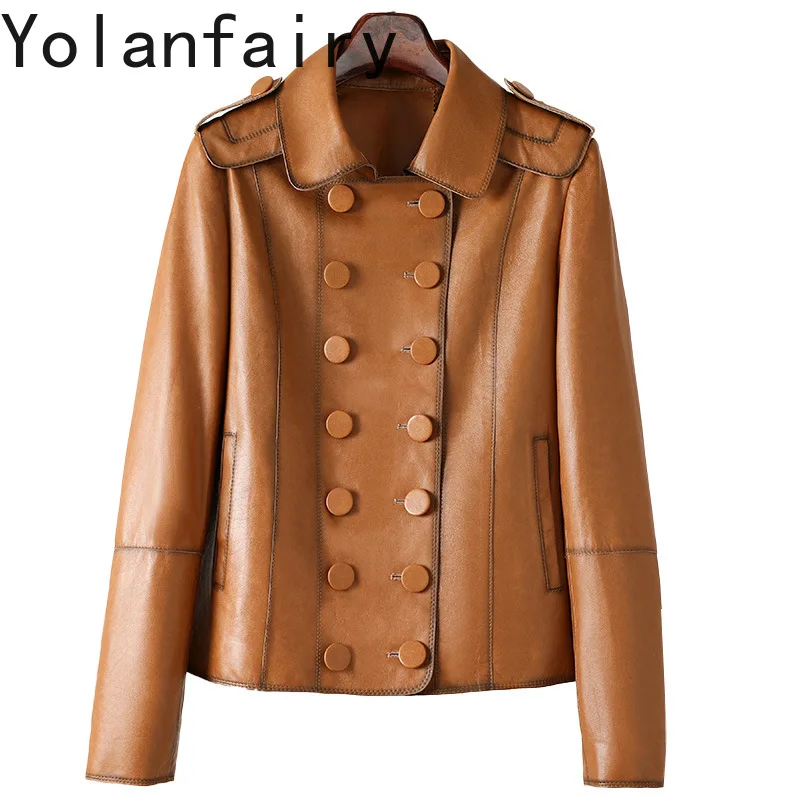 

YOLANFAIRY Genuine Leather Sheepskin Women Clothing Spring British Style Short Motorcycle Jacket Double-breasted Outwears سترات