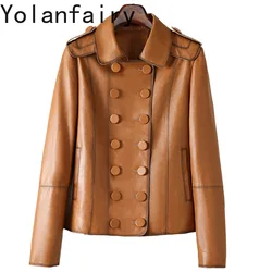 YOLANFAIRY Genuine Leather Sheepskin Women Clothing Spring British Style Short Motorcycle Jacket Double-breasted Outwears سترات