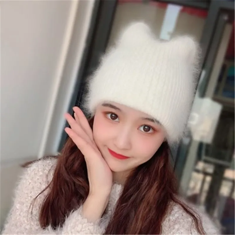 winter Angora rabbit hair warm knitting cat ear cute leisure lady Skullies Beanies cap men women cool hat byShop1103814350 Store