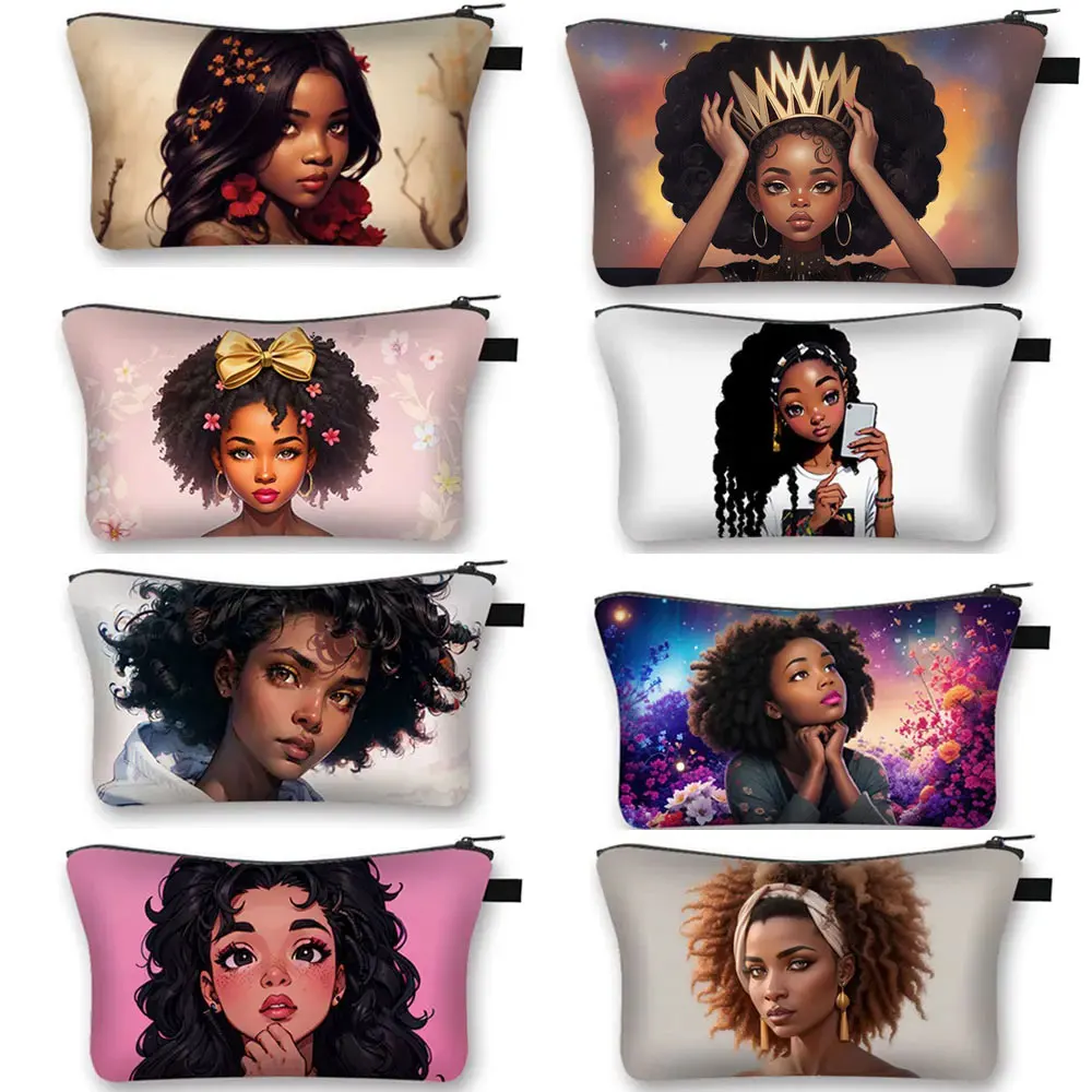 Cute Afro Girl Cosmetic Case Melanin Latino Africa Women Beauty Makeup Bag Lipstick Napkin Storage Bag for Travel Zipper Pouch