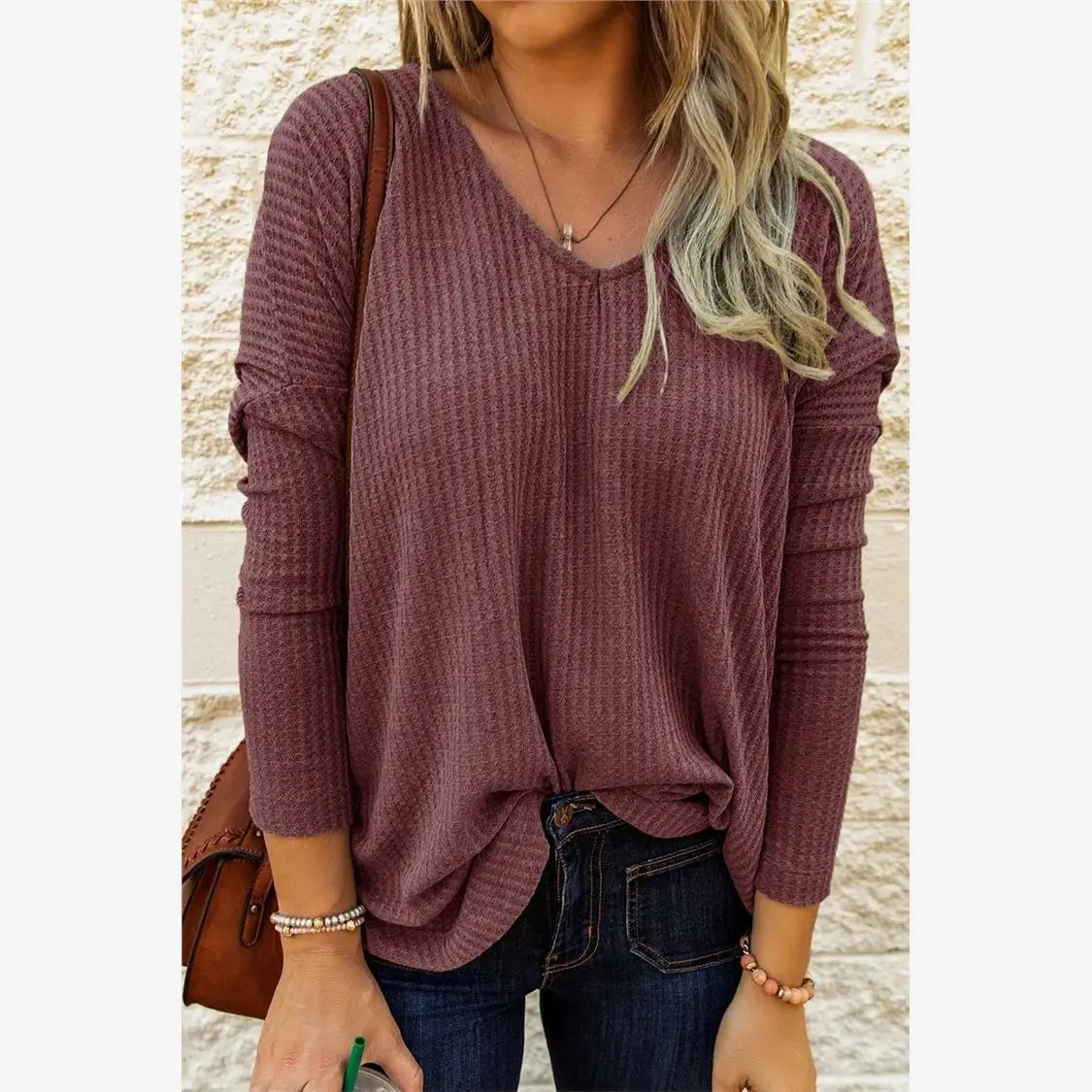 

Faionable V-Ne Трикотажная женская футболка Long Sve Модный осенне-зимний топ Quali Хлопок Удобный стандартный крой Crew Ne