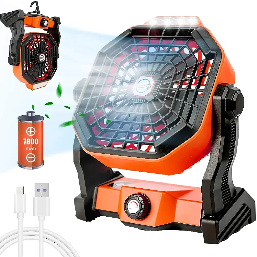 

7800mAh Battery Outdoor Camping Fan with LED Light USB Rechargeable High-Speed Tent Fan Portable 270° Adjustable Hook Hanger Fan
