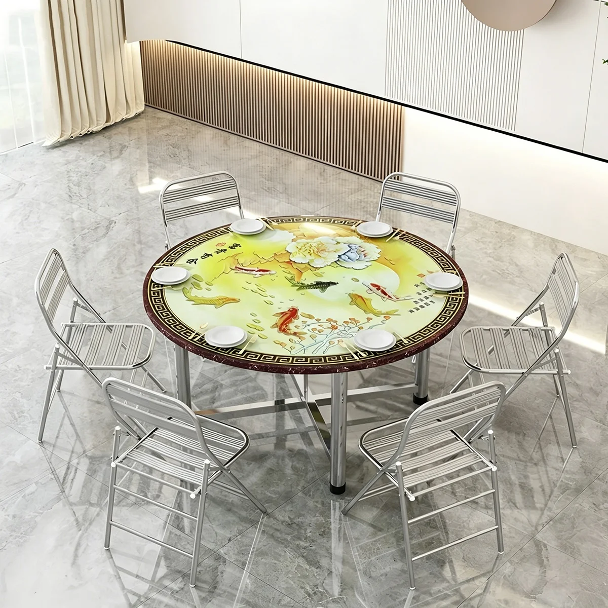 #Modern Large Stainless Steel Round Dining Table Detachable 8 10 15 Seater Colorful Pattern Table for Garden Restaurant Patio