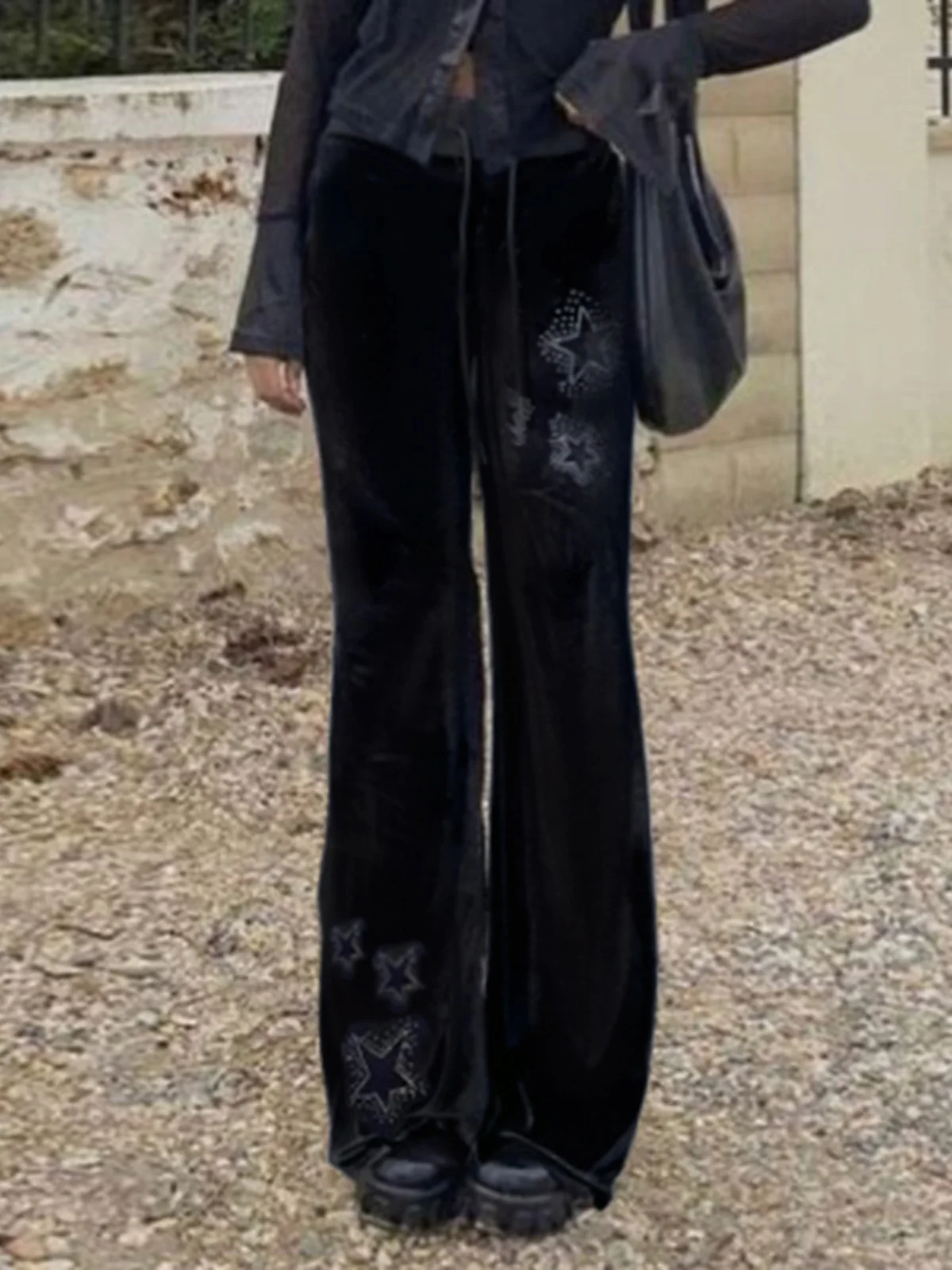 Pantaloni svasati con lacci a vita bassa Pantaloni lunghi a vita alta da donna Casual Fibra di poliestere Altro materiale 00%