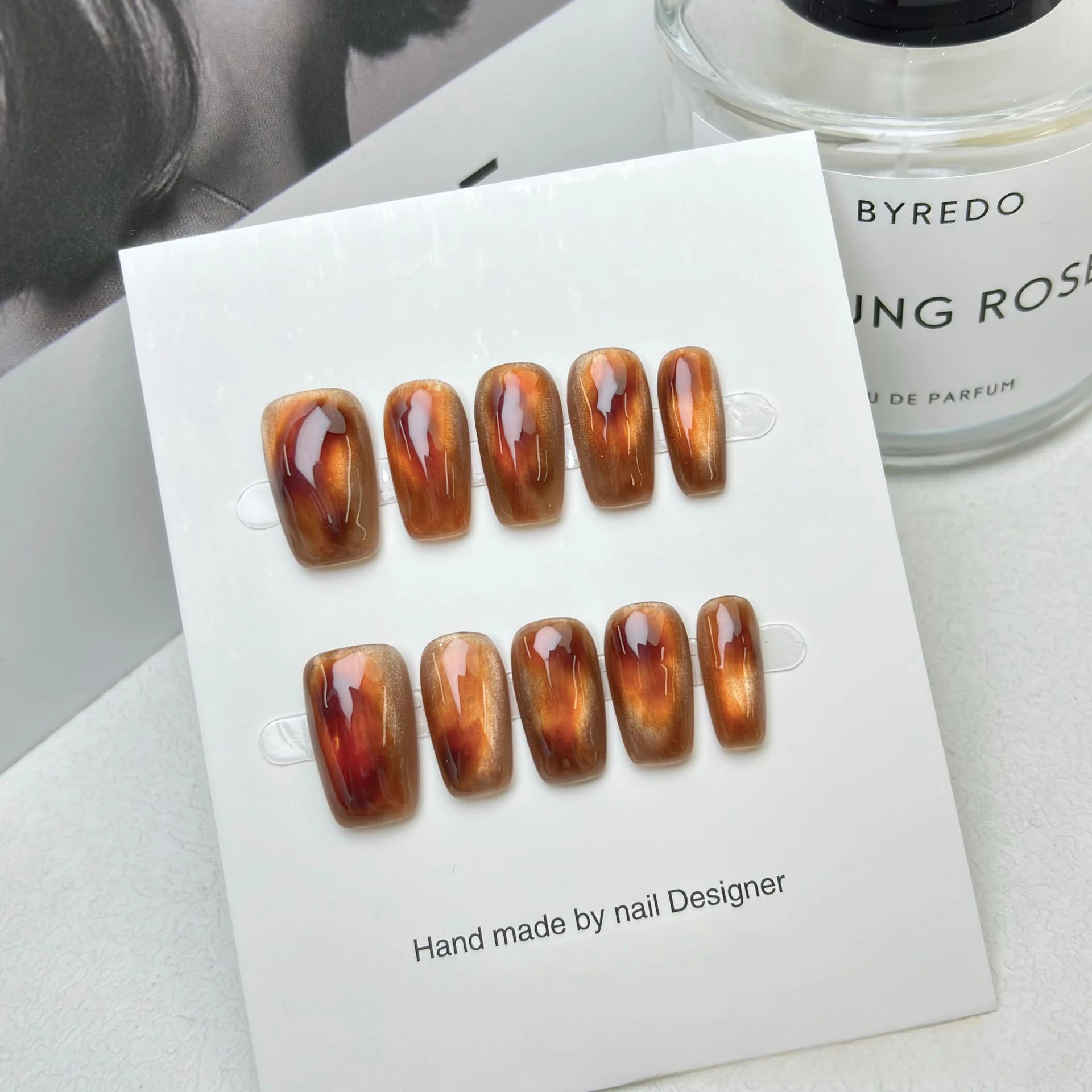 

10pcs/bag Autumn Amber Brown Color Gold Foil Chrome Handmade Press On Nails L/M/S Size Medium Square Detachable False Nails
