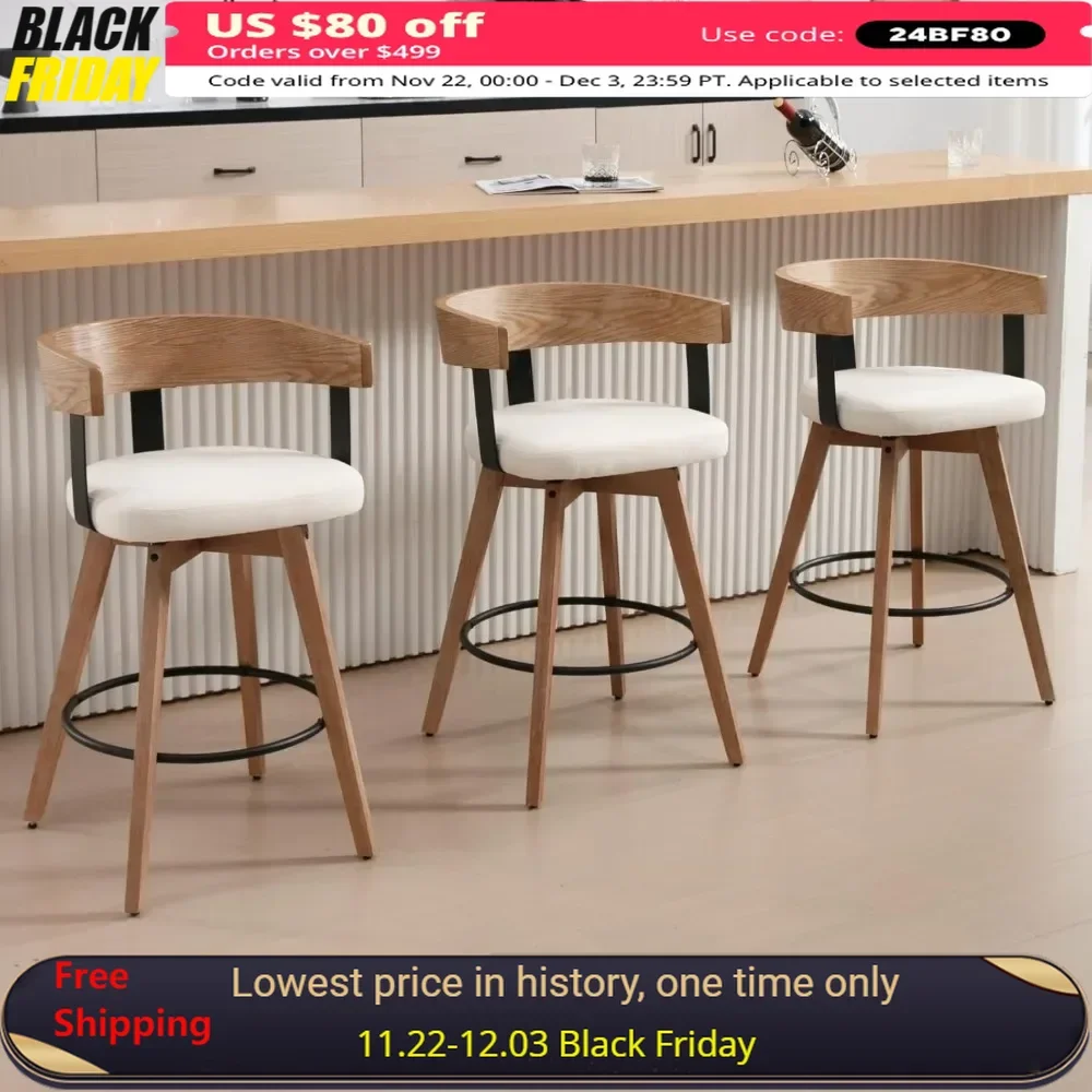 Bar Stools Set of 3-26" Counter Height Bar Stool with Footrest - Modern Wood Barstools with Linen Upholstered Seat - White