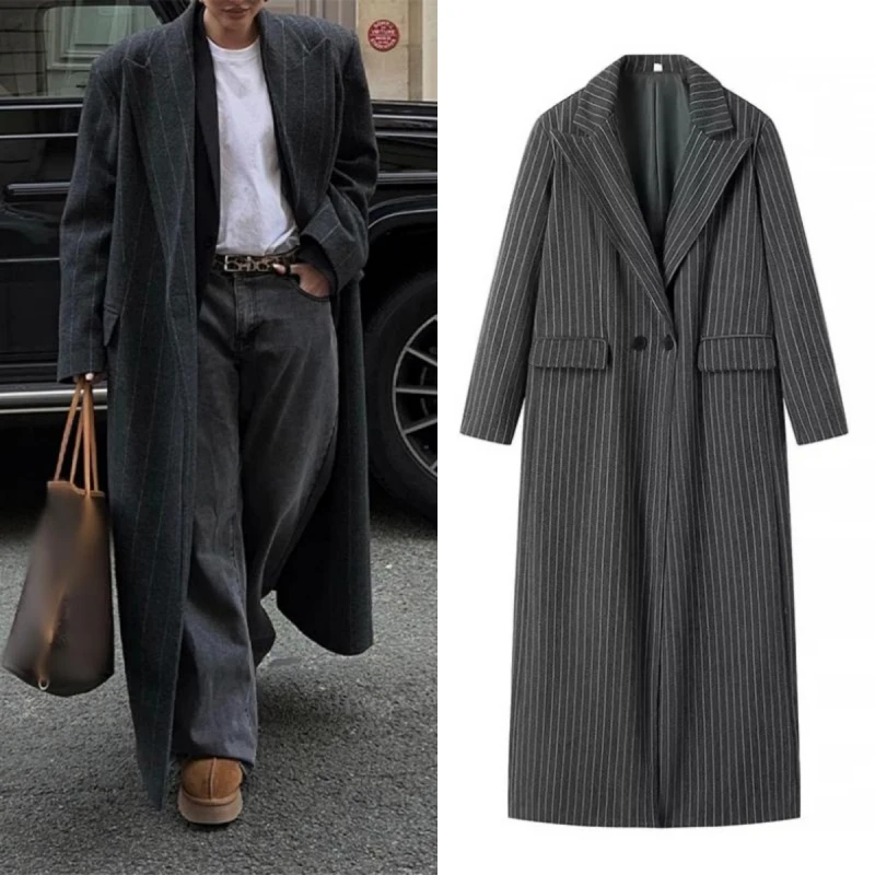 

Retro Striped Lapel Woolen Long Coat Women Casual Loose Dark Grey Oversize Coats Female Winter Elegant Chic Outwear