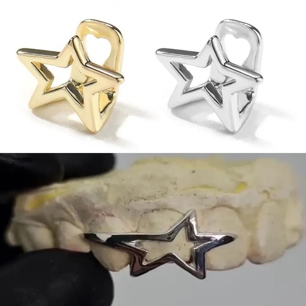 Copper Hip Hop Teeth Grillz Silver Color Irregular Hollow Pentagram Star Single Clips Grillz Punk Gangsta Tooth Caps