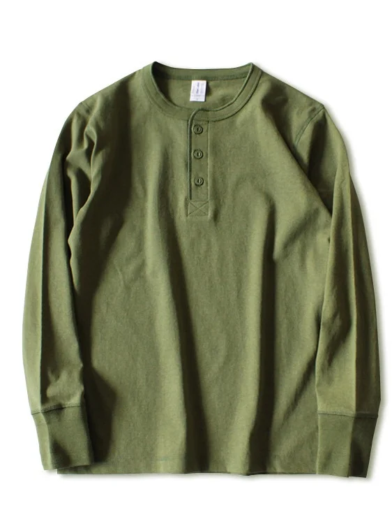 American Style Rough Pure Cotton Heavyweight Retro Henry Collar Long Sleeve T-Shirt Men's Ameika KhakiYY40
