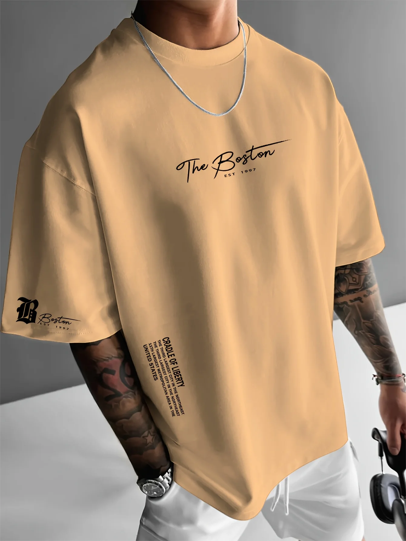 Men's summer 100 cotton fashionable casual sports loose Boston city slogan printed round neck short sleeved T-shirt top image 5