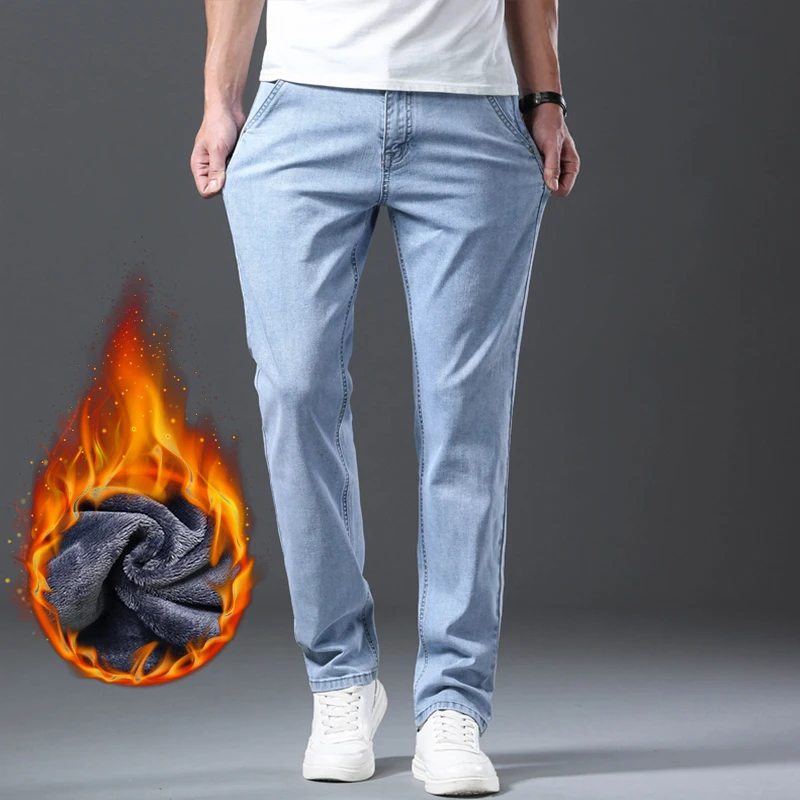 الشتاء الرجال الجينز سميكة الصوف الأعمال موضة خمر نحيل السراويل الطويلة عادية بلون سراويل جينز الشارع الشهير الذكور