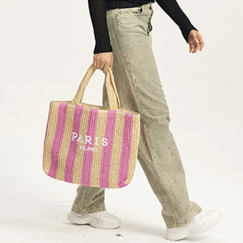 Bolso de paja a rayas con bordado de letras para mujer, bolsos de diseñador Bali, bolsos de playa de viaje, bolsos tejidos para mujer, bolso de hombro