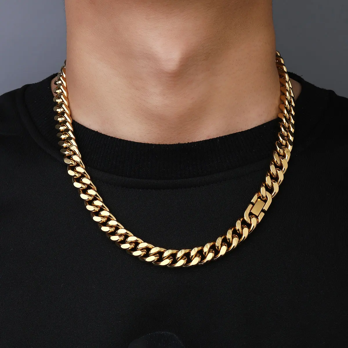 Hip Hop 18K Real Gold Plated Steel 11mm Cuban Figaro Four sided polished Link Necklace For Men JewelryGifts