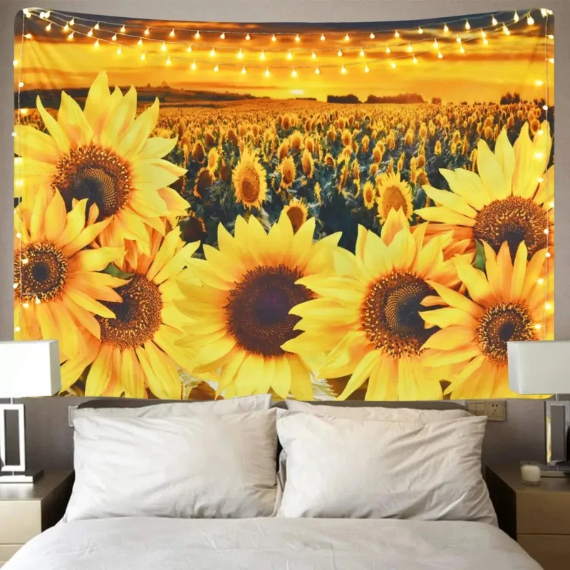 Bohemian Sunflower Tapestry Wall Hanging Boho Floral Sun Field Art Decor Large Tapestry 180x280cm Yellow Sunshine
