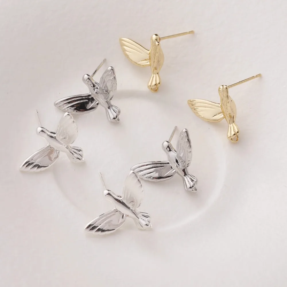 4PCS Dainty Flying Bird Design Ear Studs Earrings for Jewelry Findings Components DIY Hand Made Brass 14k Gold Plated 17*13mm