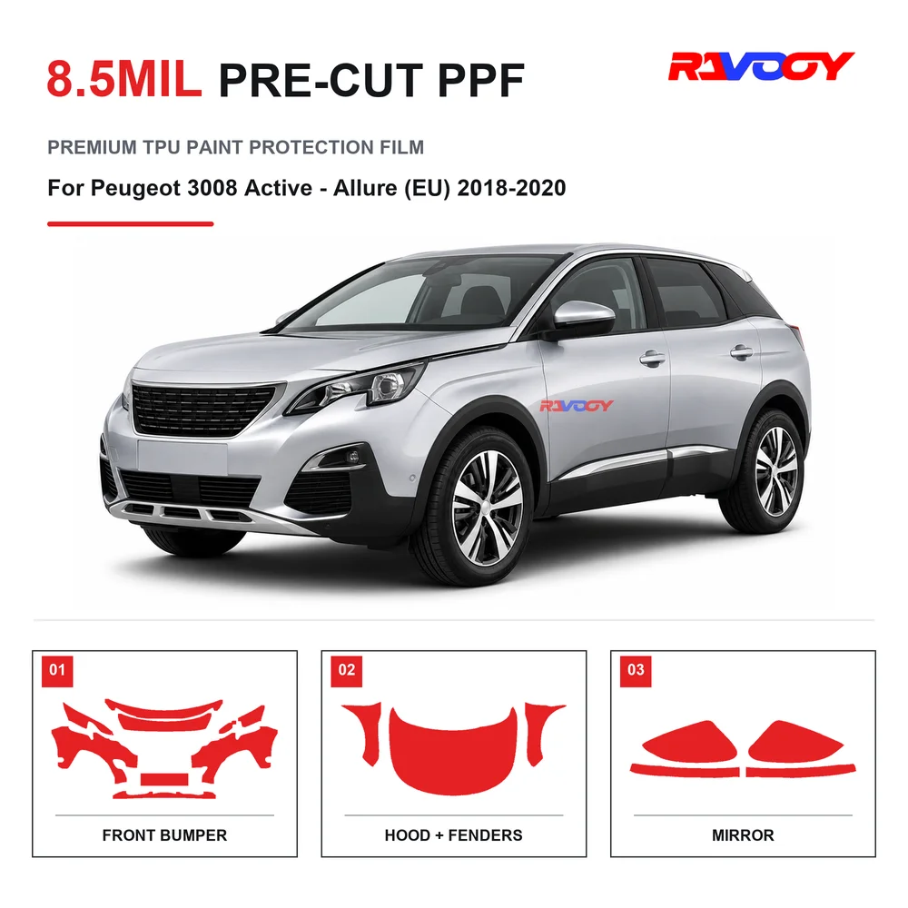 Precut PPF For Peugeot 3008 Active - Allure (EU) 2018-2020 8.5mil TPU Clear Paint Protection Film Self Healing Hydrophobic UV
