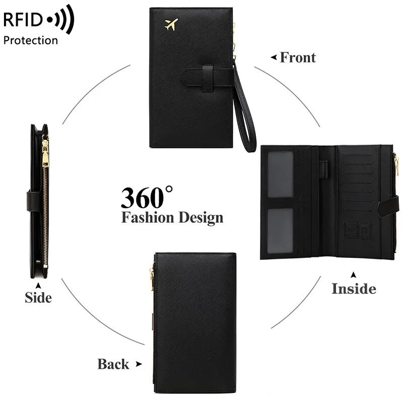 

RFID anti-magnetic passport bag, zipper buckle, document passport holder, multi-functional PU leather long ladies' wallet