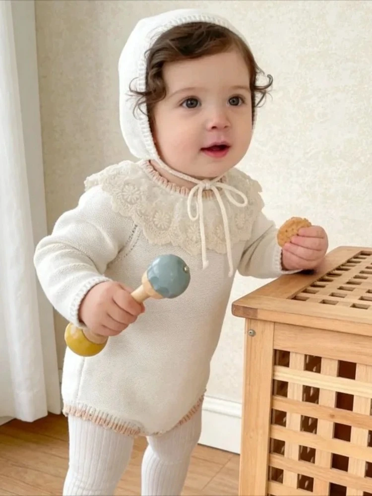 

Cute Autumn New Baby Lace Collar Hollow Out Knit Long Sleeve Spring and Autumn Hoodie Sweater Bag Butt Clothes Crawler Clothes