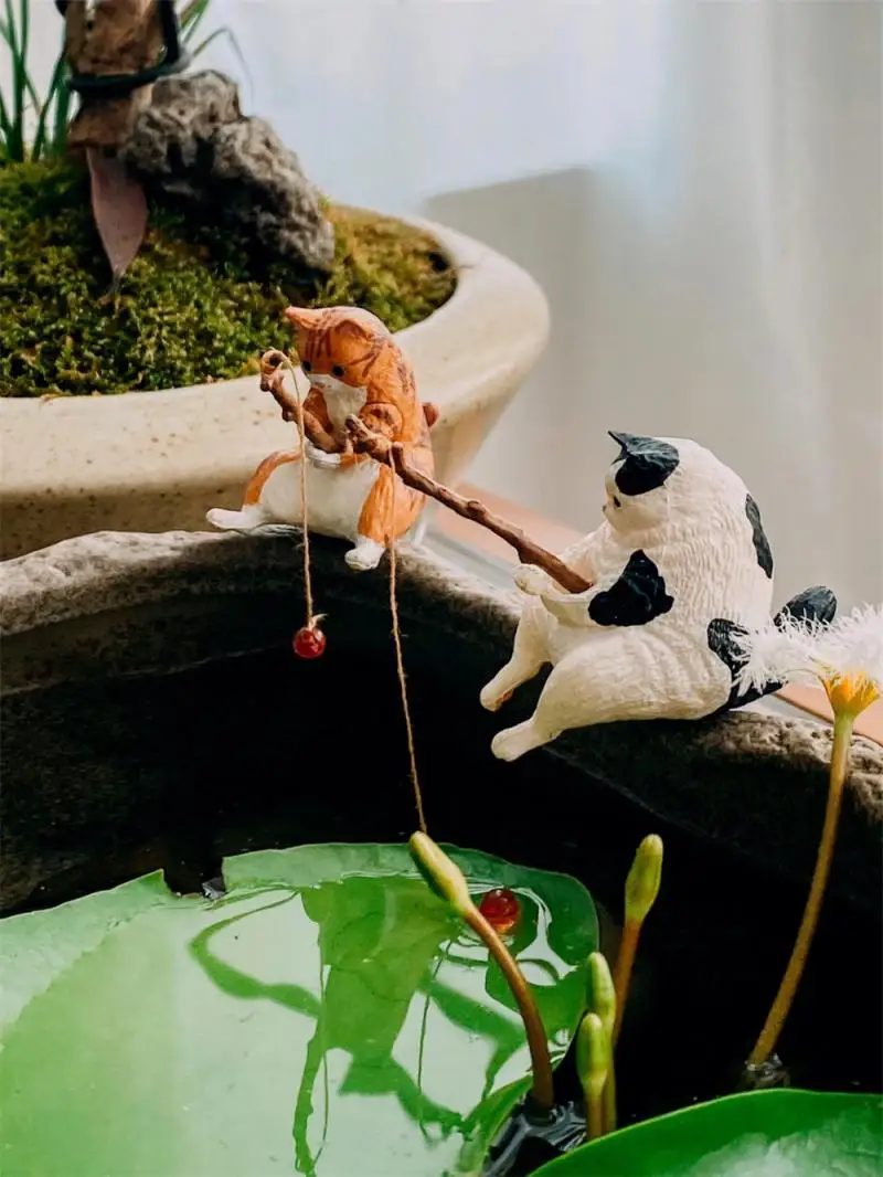 Angeln Katze Ornamente Aquarium Dekoration Fisch Landschafts bau Cartoon Katze Statue Mini Harz Figur Wohnkultur Skulpturen