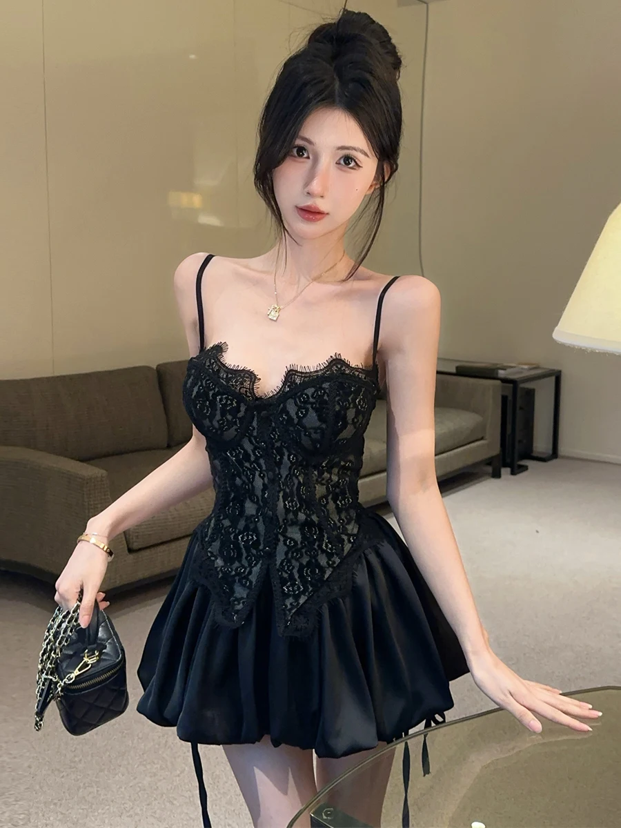 Sexy Slim Fit Lace High Waist Fishbone Vest And Skirt Set Pure Desire Sweet Fashionable with Chest Pad Hook And Eye Closure