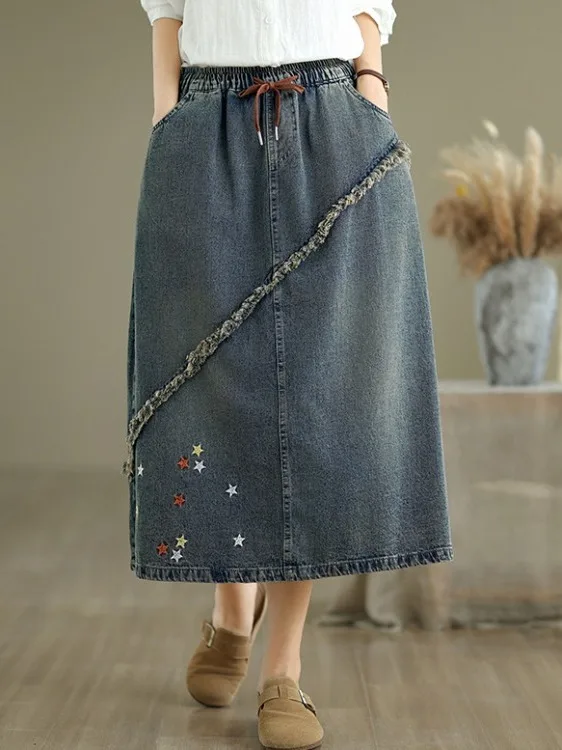 

Джинсовая юбка миди А-силуэта с высокой талией, вышивкой и бахромой, женская, больших размеров, с эффектом стринги, для повседневной носки