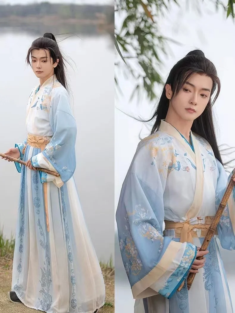 Hanfu Set gaun gaya Cina pria wanita Weijin kostum cetak tradisional periode gaya silang kerah pecinta pakaian Cosplay