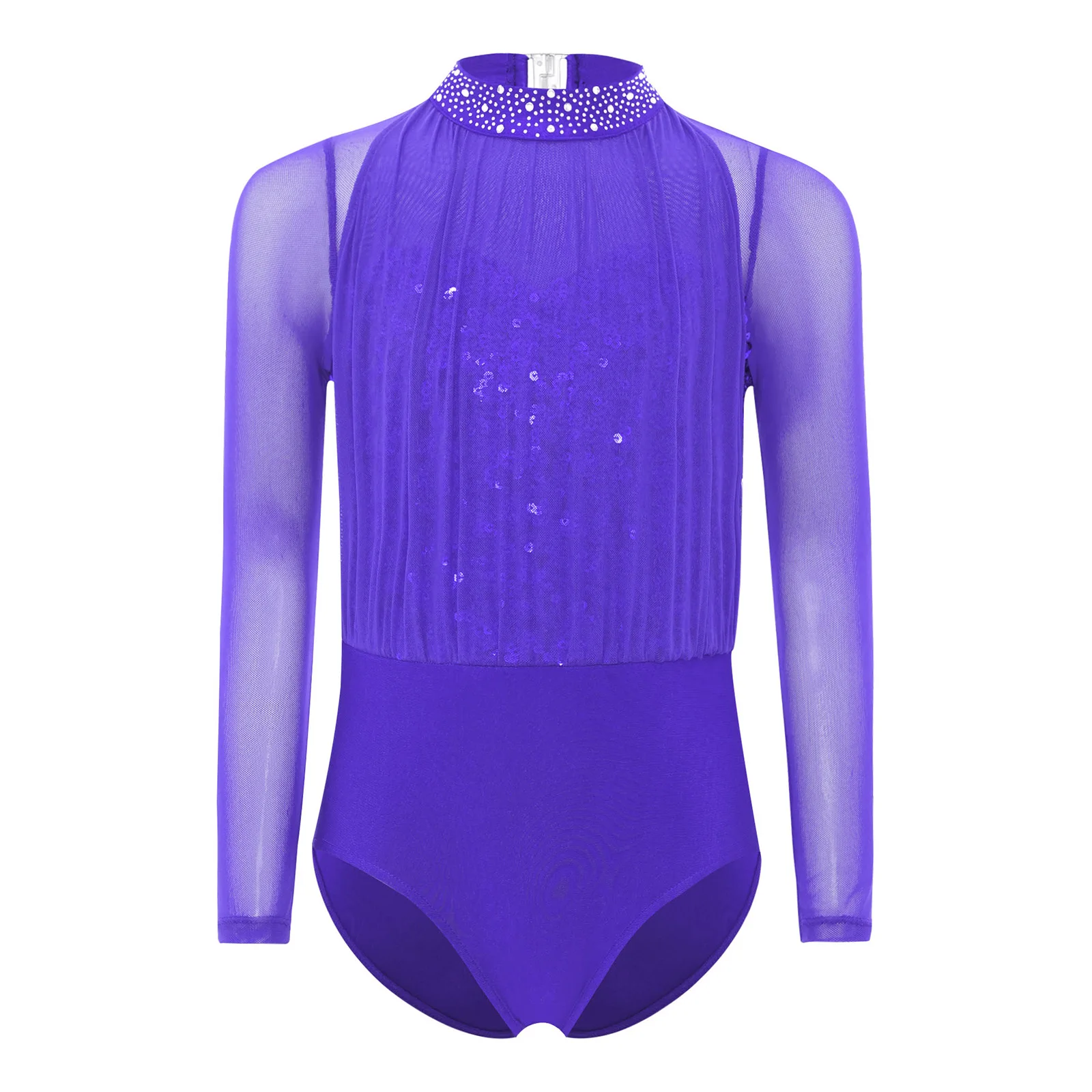 

Kids Girls Figure Skating Jumpsuits Jazz Dresses Gymnastic Dance Costume Long Sleeve Keyhole Back Rhinestones Sheer Mesh Leotard
