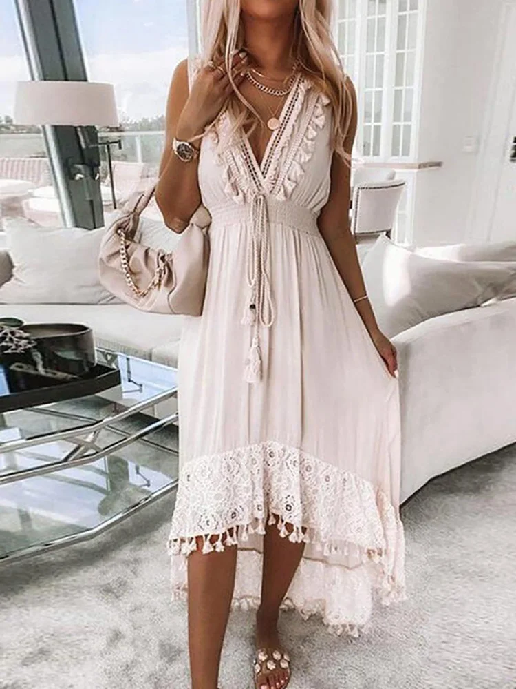 Princess Dress Women Solid Tassel Sweet Summer Sleeveless Casual Ladies Party Dress Deep V-Neck Elegant Streetwear Dropshipping