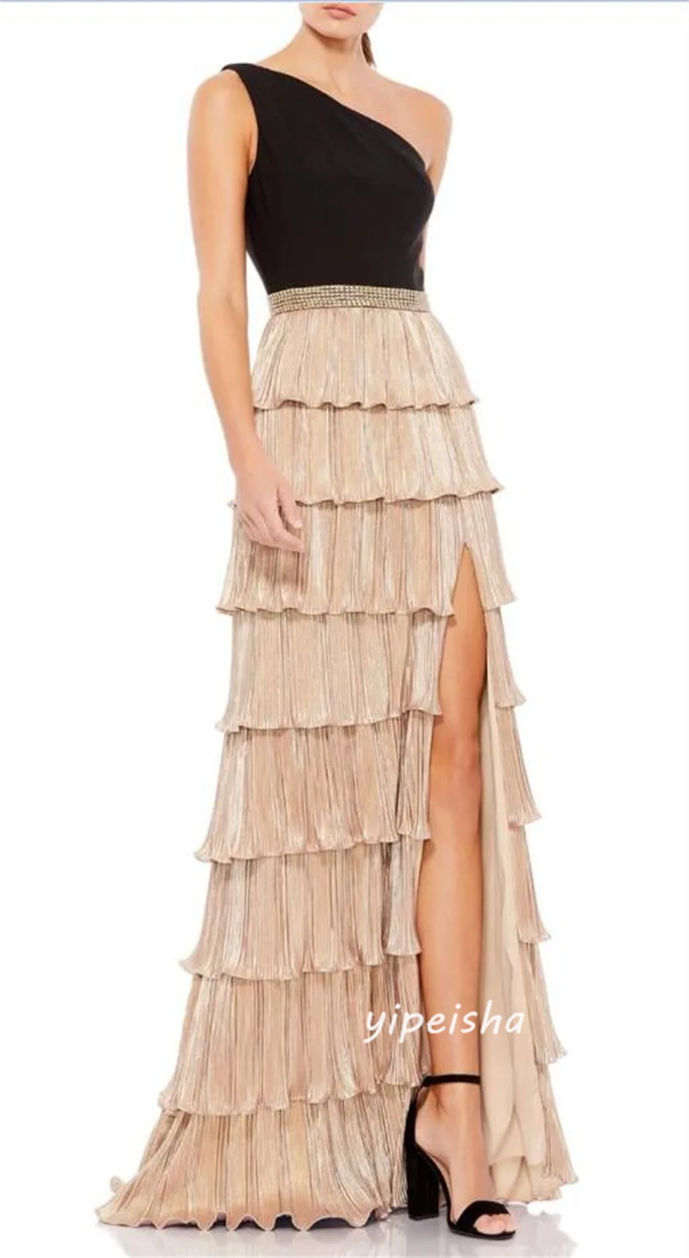 Customized Matching Intricate Pleat Ruched Tiered Rhinestone A-line One-shoulder Long Dresses Evening Dresses for Woman Fashion