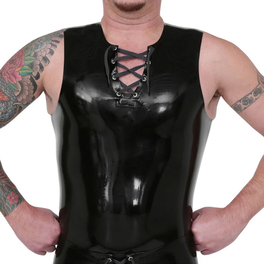 

Black Sexy Latex Vest With Split Crew Neck Lacing Front Sleeveless Rubber Shirt Tank Top Clothes Singlet 360