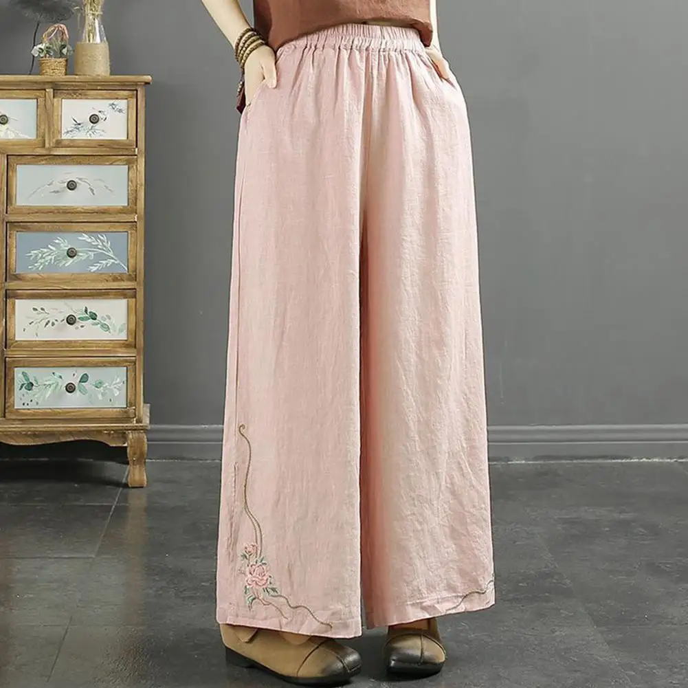 Comfortable Casual Wide Leg Trousers Stylish High Waist Women's Cotton Trousers with Embroidered Wide Leg Elastic for Vacation