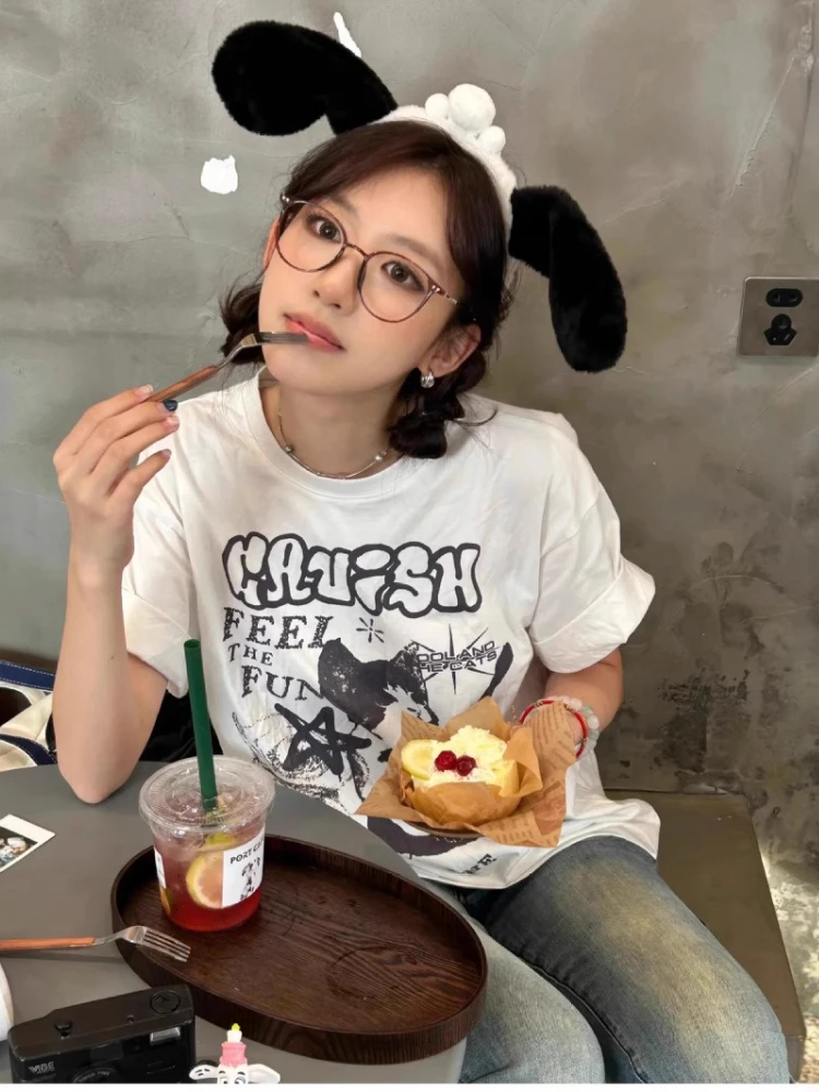 American Cat Rock Guitar Graphic Short Sleeve T-Shirt Loose Korean Fashion Oversized Women's Summer Clothes Y2K Streetwear