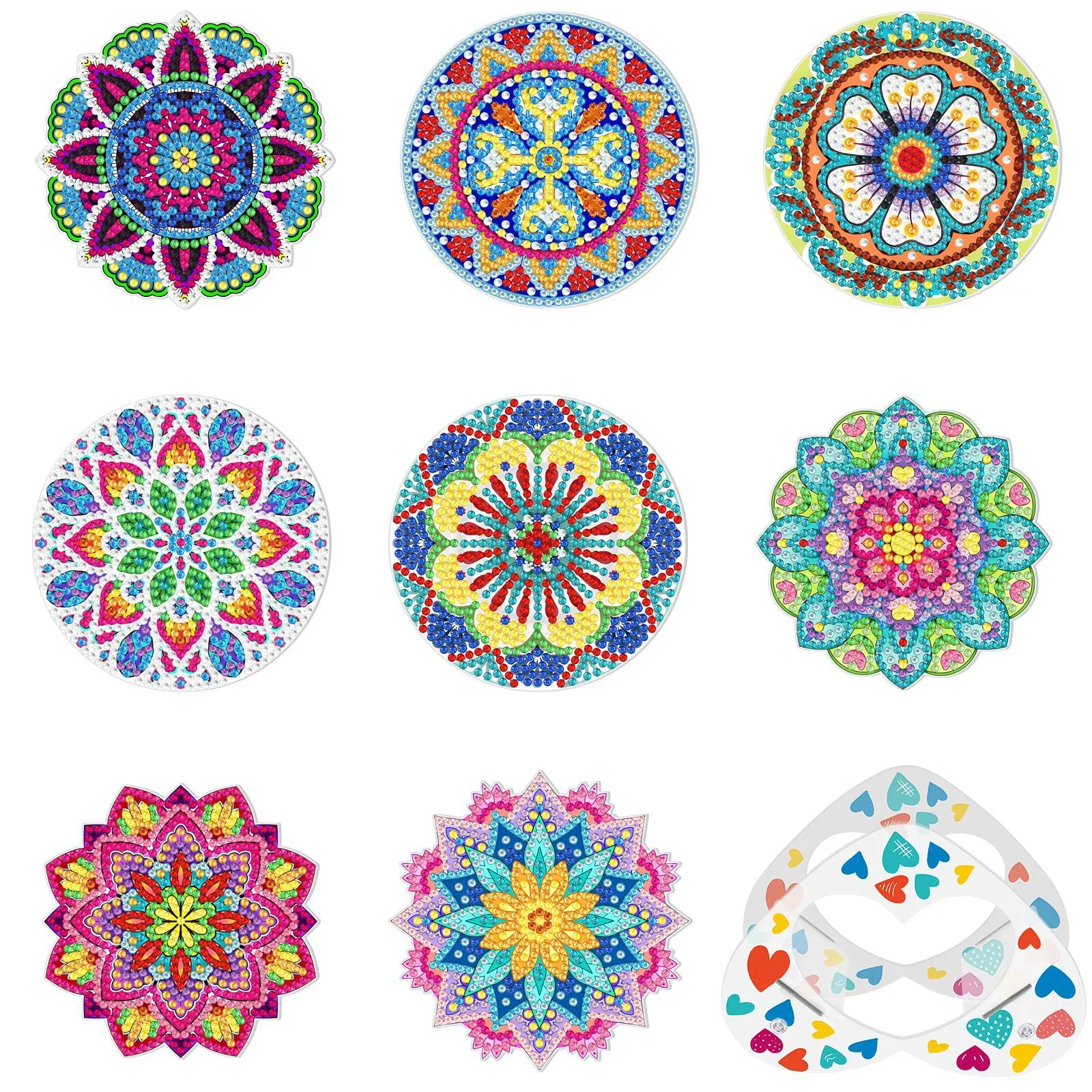 8Pcs DIY Diamond Painting Coasters Kit with Holder 4 Inch Rhinestone Reusable Diamond Drawing Cup Mat Colorful Kitchen Decor