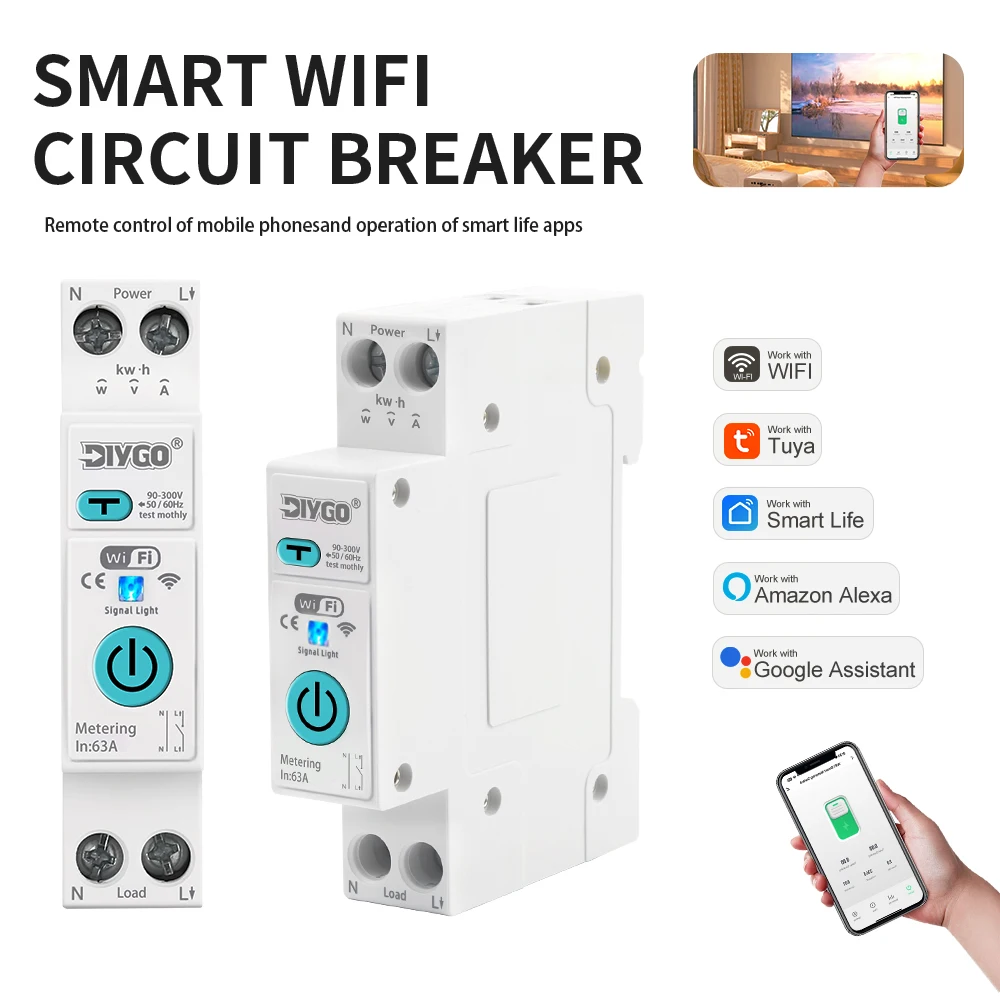 TUYA WiFi Smart Life Circuit Breaker 1P+N 63A Over Current Under Voltage Protection Power Meteing Remote Control Home Wireless