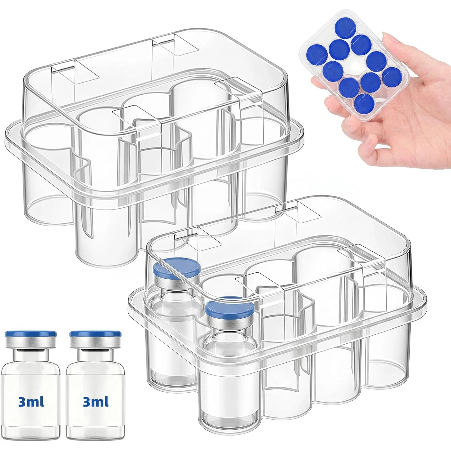 2-Pack Peptide Case for Fridge, 3/5/7/10ml Vial Holder for Refrigerator, 10-Slot Insulin & Peptide Holder Each, Semi-Transparent