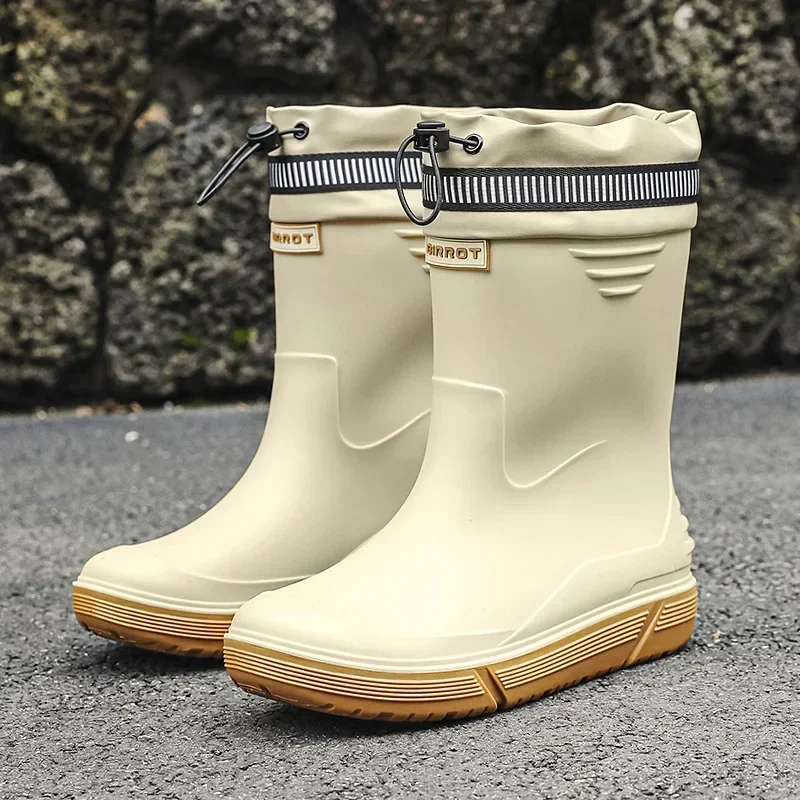 Windproof Rain Boots Men Leather Mid-calf Rainboots Fashion Black Elastic Band Rain Shoes Men Waterproof Work Boots